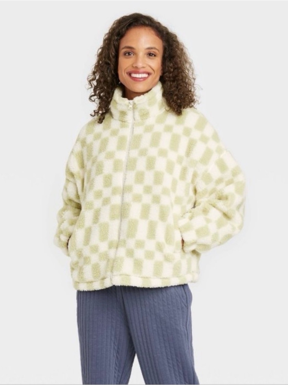a new day Checkerboard Teddy Zip Jacket in Light Green and Cream